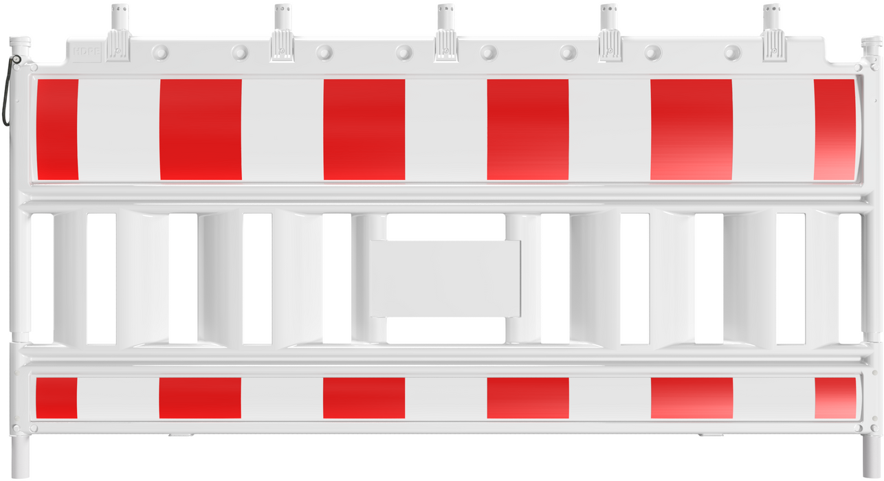 Weißes Absperrschrankengitter mit roten und reflektierenden Elementen (Folientyp RA2/B) und vormontierten Lampenadapter zur Baustellen- und Verkehrssicherung.