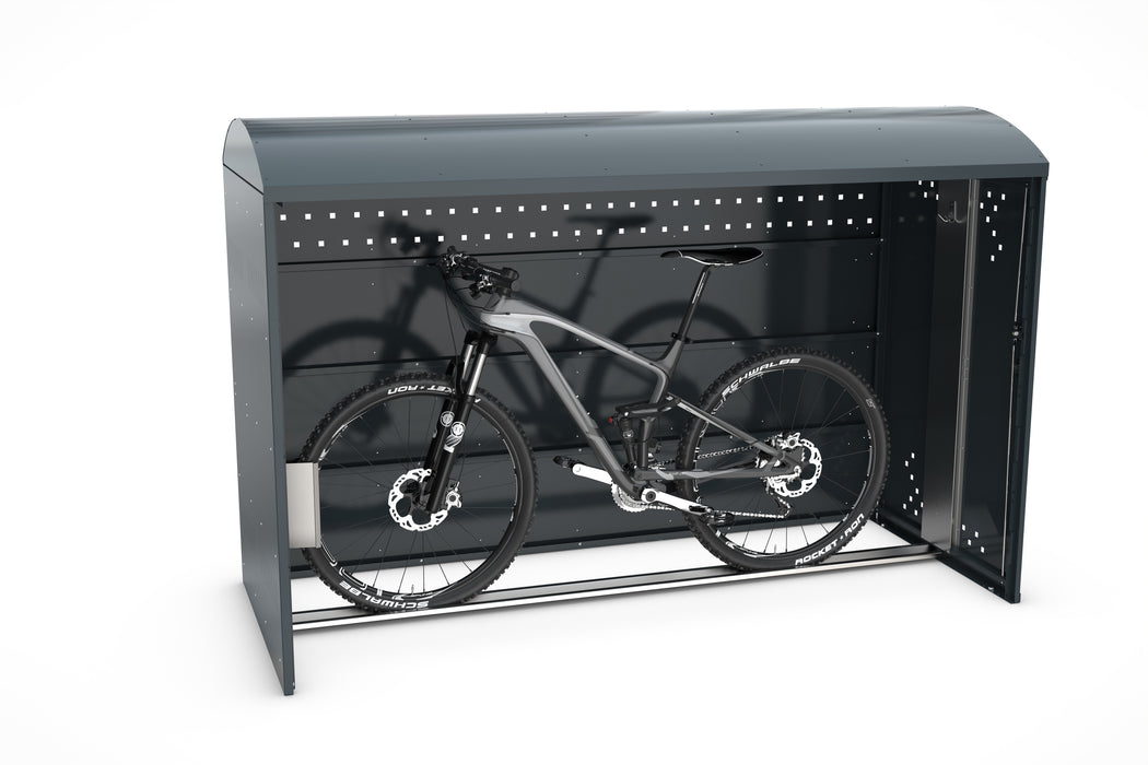 Bike-Box mit Bogendach ohne Seitenwand und eingestelltem Fahrrad